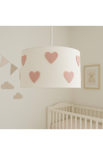 SefDen Lazer Kesim Atölyesi Kalpli Krem Pembe Bebek Odası Avizesi – El Yapımı, Keçe Kalpli, Soft Aydınlatma