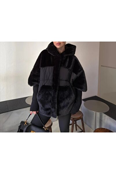 Lavanta Tekstil Fur Coat with Knit Detail on the Sleeves