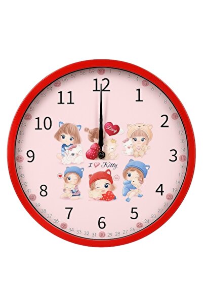OEM Wall clock for girls, ideal for children's rooms, silent, red with kittens, 30 cm