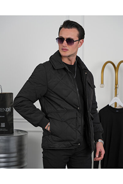MODEFENDİ Men's Black Slim Fit Diamond Pattern Pocket Filling Fiber Coat