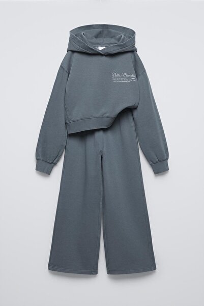 Magu Girl's Cotton Smoked Hooded Sweatshirt and Wide Leg Sweatpants Set – Minimal Lettering Printed Comfortable