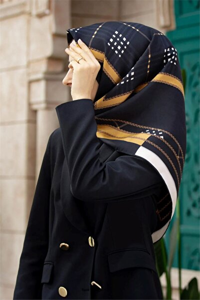 Vissona Black Gold Plaid Pattern Tivil Silk Scarf-50781-3-Kvs0807