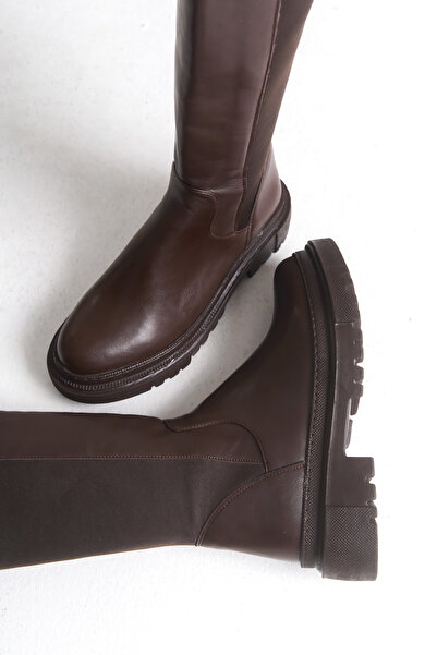 LEVONYA Γυναικείες ελαστικές καθημερινές μπότες μέχρι το γόνατο από ύφασμα καφέ χρώματος