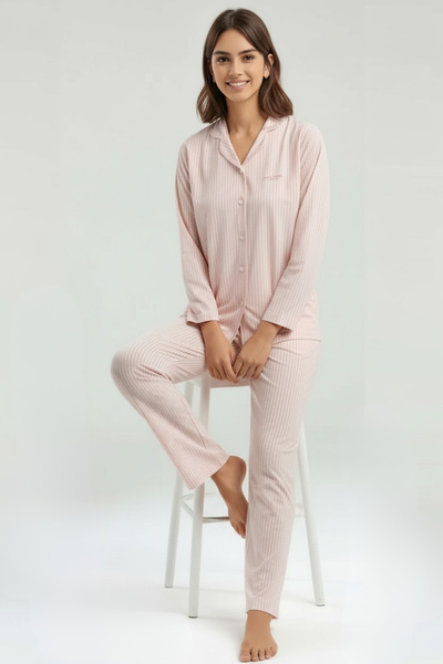 Pierre Cardin Women's Long Sleeve Pajama Set – Pink Striped Cotton Fabric