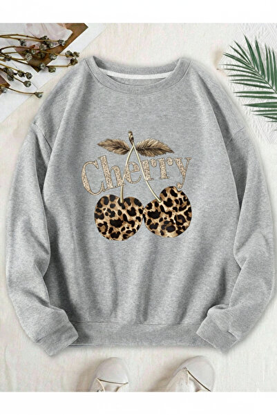 one button Hanorac unisex cu imprimeu leopard și cireșe, cu gât rotund, 100% ...