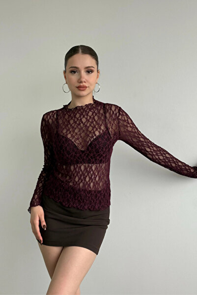 MİROR Women's Burgundy Long Sleeve Half Turtleneck Lace See-Through Blouse