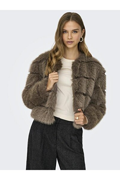 ONLY Women's Brown Jdyofelia Faux Fur Jacket Otw Sie Jacket 15359349-Shitake