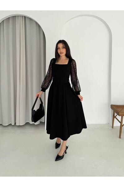 Bellucia Şifon Kol Detaylı Kare Yaka Kemerli Midi Elbise