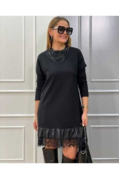 babatr.com Women's Long Sleeve Crew Neck Hem Leather Lace Viscose Two Thread Midi Dress