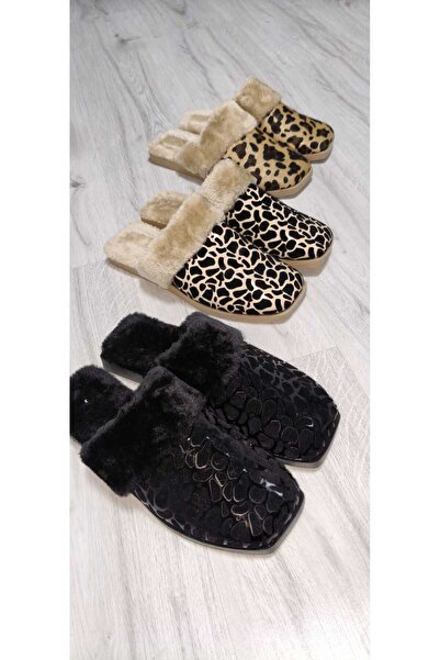PAPUCUMUN DÜNYASI Γυναικείες παντόφλες σπιτιού με ζεστή σόλα από PVC με μοτίβο λεοπάρ και επένδυση από φτερά