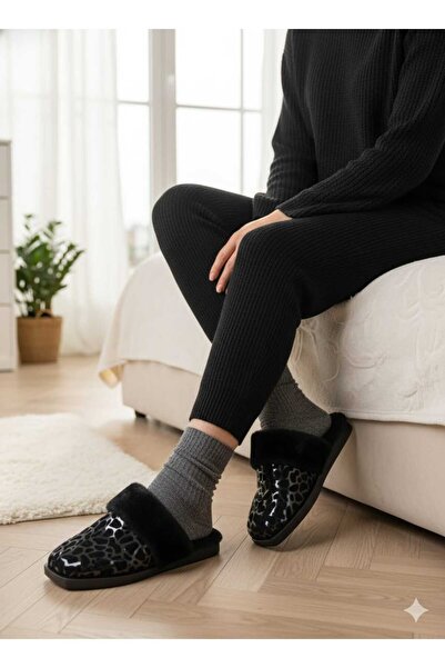 PAPUCUMUN DÜNYASI Γυναικείες παντόφλες σπιτιού με ζεστή σόλα από PVC με μοτίβο λεοπάρ και επένδυση από φτερά