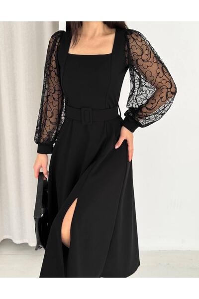 Bellucia Şifon Kol Detaylı Kare Yaka Kemerli Midi Elbise