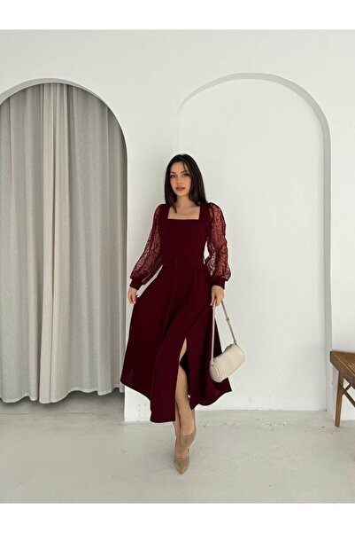 Bellucia Şifon Kol Detaylı Kare Yaka Kemerli Midi Elbise