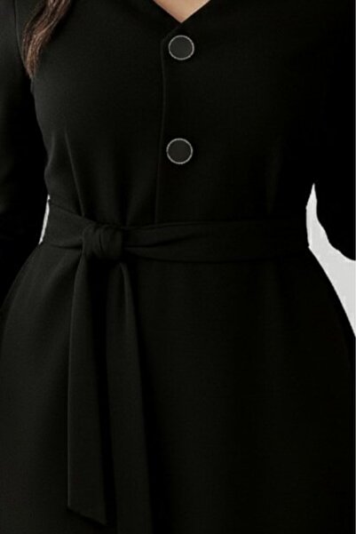 buğrahayalin    Women's Long Sleeve Button Detail Self Belt Imported Crepe Dress