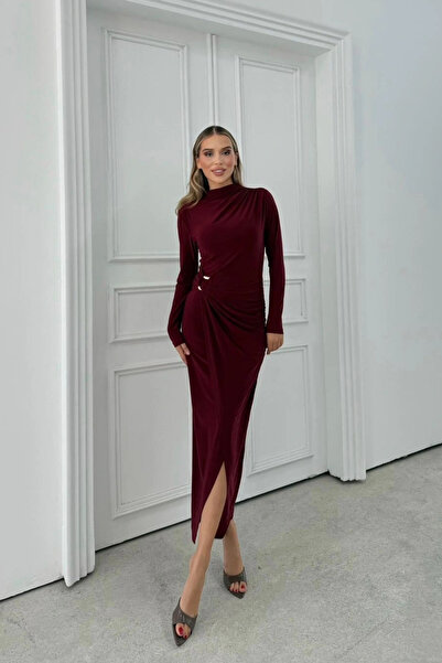 MARTYZ Bel Aksesuar Detay Drapeli Yırtmaçlı Uzun Sandy Elbise