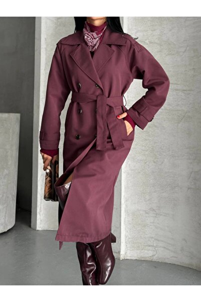Narstorm Women's Belted Plum Lined Sleeve Epaulettes Double-Breasted Collar Trench Coat