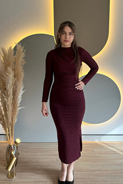 Aventien Draped Slit Long Sleeve Glitter Burgundy Midi Dress