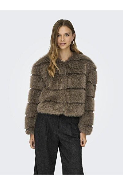 ONLY Women's Brown Jdyofelia Faux Fur Jacket Otw Sie Jacket 15359349-Shitake
