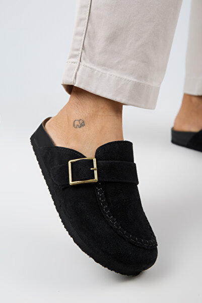 Manijero Premium Series Arya Black Genuine Leather Soft Footbed Closed Front Slippers