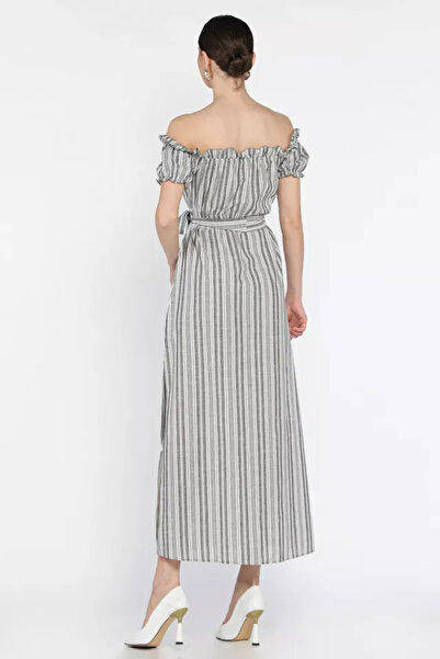 ZENGEZUR MALL Mtxdpn Madonna Collar Midi Slit Belted Linen Dress Gray (221107) (Size: S)