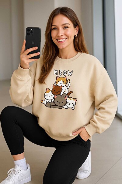 LiyAdaCo Bej supradimensionat guler rotund Swea tricou -Meow Sweet pisică ler...