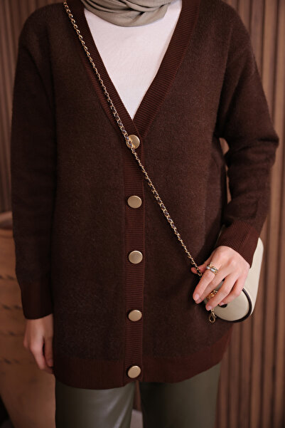 Mogi Butik Women's V-Neck Bronze Buttoned Bearded Knitwear Long Cardigan 3128
