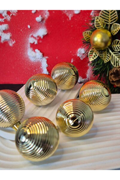 LEVA New Year Ornament Balls 5 cm Striped Bright Yellow { Gold } 6 Pcs