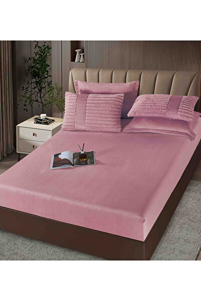 CASIMI Bedding Set with Duvet Included, Fitted Sheet, 6 Pieces, Artificial Rabbit Fur and Velvet, Pink
