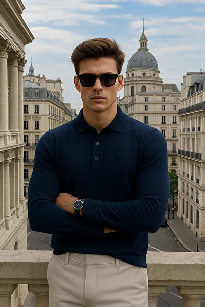 Maccali Men's Long Sleeve Casual Polo Neck Navy Blue Sweater