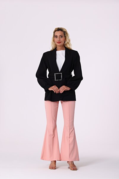 modahira Moda Hira Kadın Siyah Belden Kemerli Kruvaze Blazer Ceket