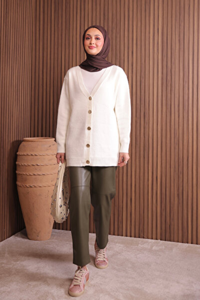 Mogi Butik Γυναικεία μακριά ζακέτα με λαιμόκοψη σε σχήμα V με μπρονζέ κουμπιά 3128