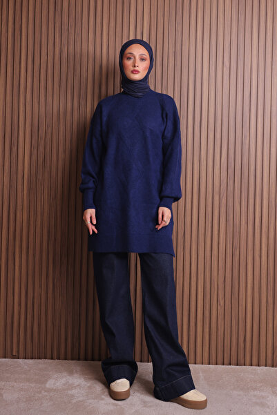 Mogi Butik Women's Crew Neck Diamond Pattern Soft Knitwear Tunic 3127