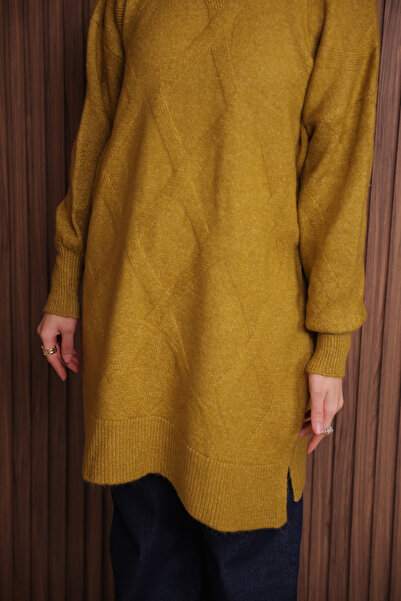 Mogi Butik Women's Crew Neck Diamond Pattern Soft Knitwear Tunic 3127