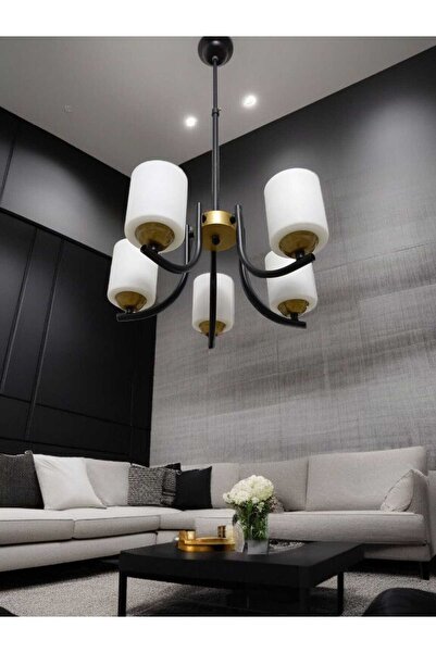 BSA LIGHTING ŞEKİL 5'Lİ SİYAH/ESKİTME MODERN AVİZE ( BEYAZ BARDAK CAMLI)