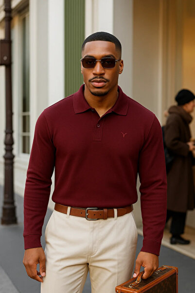 Maccali Men's Winter Casual Polo Neck Burgundy Sweater