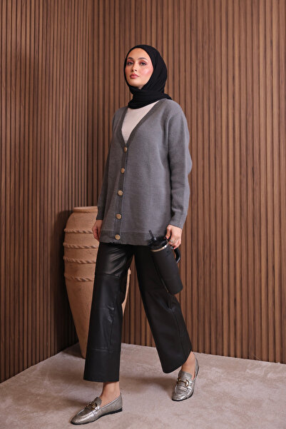 Mogi Butik Women's V-Neck Bronze Buttoned Bearded Knitwear Long Cardigan 3128