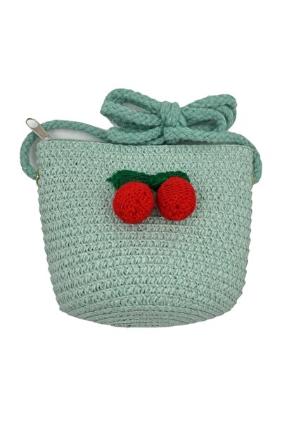OEM Braided girls' purse, straw design with crocheted cherry pattern, mint green color, 14 x 10 cm