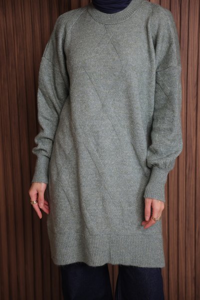 Mogi Butik Women's Crew Neck Diamond Pattern Soft Knitwear Tunic 3127