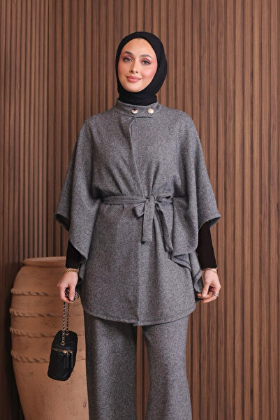 Mogi Butik Women's Jacquard Fabric Belted Poncho Hijab Set 3129