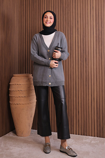 Mogi Butik Women's V-Neck Bronze Buttoned Bearded Knitwear Long Cardigan 3128