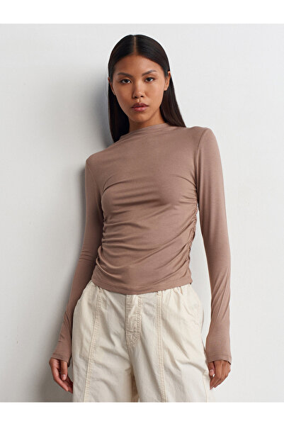 Dilvin 30504 Shirred Viscose Long Sleeve Top-Mi̇nk
