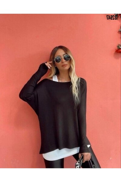 Giyimodam Women's Long Sleeve One Shoulder Open Strawberry Blouse and Viscose Undershirt Two Piece Set