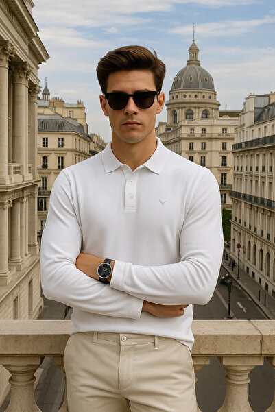 Maccali Ανδρικό μακρυμάνικο casual λευκό πουλόβερ με λαιμόκοψη πόλο