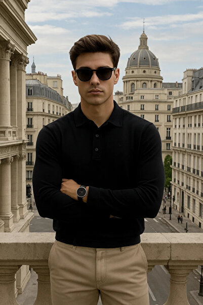 Maccali Men's Long Sleeve Casual Loose Polo Neck Black Sweater