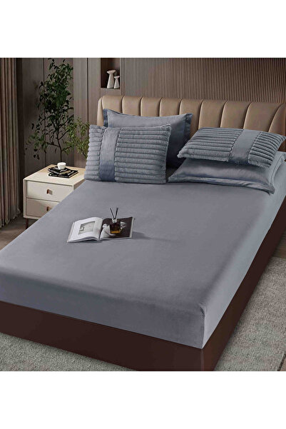 CASIMI 6-Piece Bedding Set with Duvet, Fitted Sheet, Artificial Rabbit Fur & Velvet, Gray