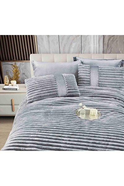 Casım 6-piece bedding set, duvet, faux rabbit fur and velvet - Light gray