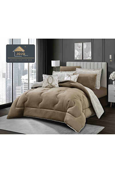 CASIMI 6-piece Bed Linen Set with Duvet Included - Faux Rabbit Fur and Velvet, Brown