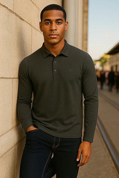 Maccali Men's Casual Long Sleeve Smoked Polo Neck T-Shirt