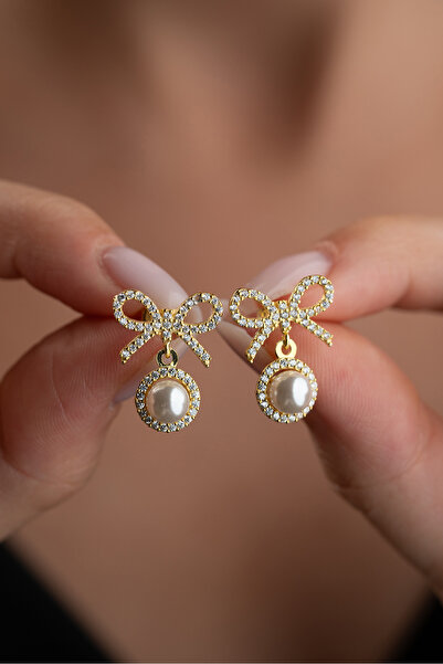 Silvano Jewelry 925 Ayar Gümüş Altın Kaplama İncili Fiyonk Küpe