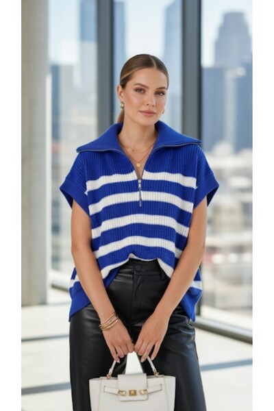 HepsitrentStore Zippered Striped Model Short Sleeve Knitwear Sweater
